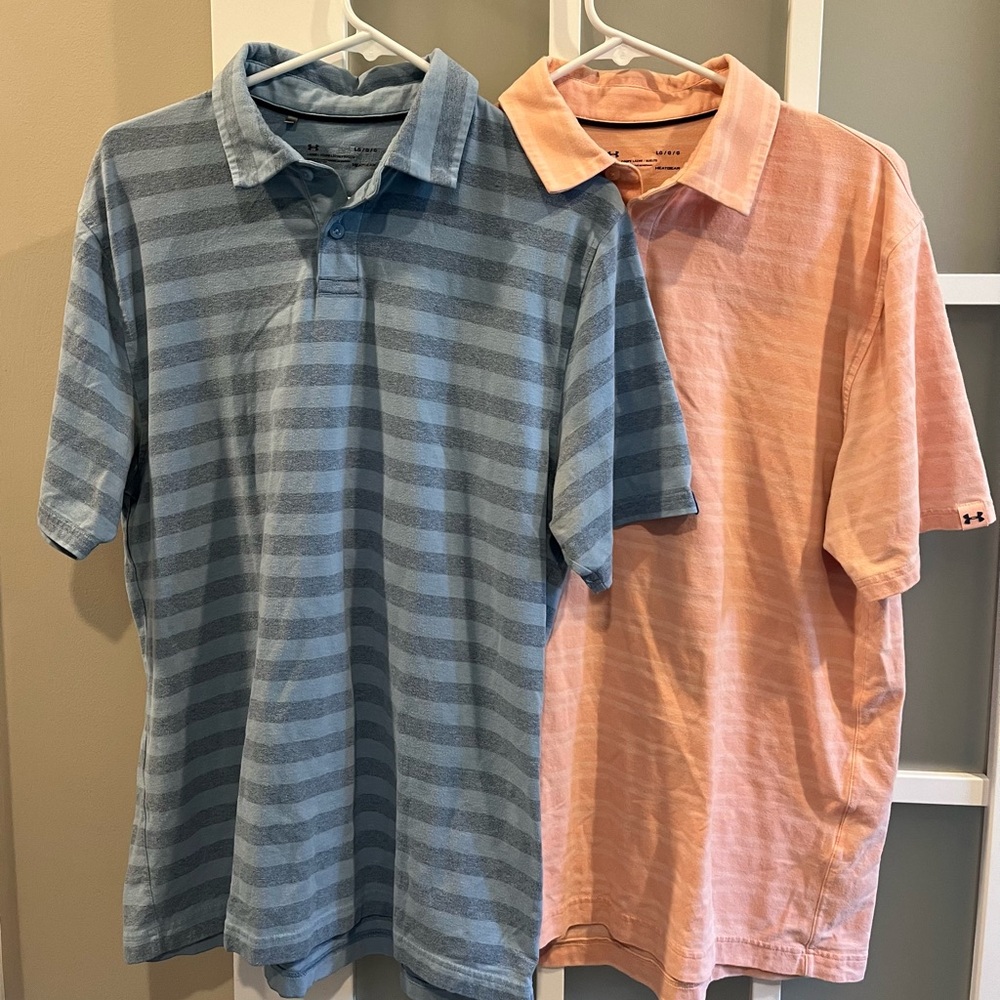 Men’s blue and peach colored Under Armour polos. Size Large